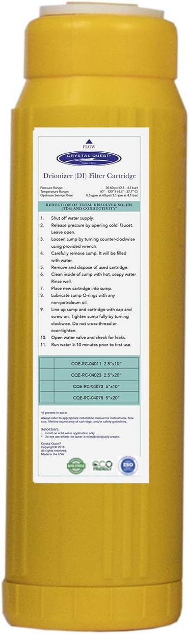 Crystal Quest Demineralizer Filter Cartridge - 2-7/8" x 9-3/4" - Heavy-Duty, Ideal for Lab, Research and Medical Applications for Ultra Pure Water Needs