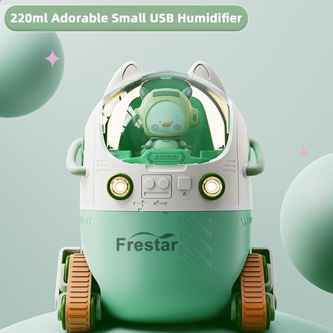 Mini USB Humidifier 220ml with LED Night Light, Small Cute Humidifier Bulit in Adorable Doll for Kids, Plant, Bedroom, Office, Desk, Babies Room, No Battery(Green-Huhu)