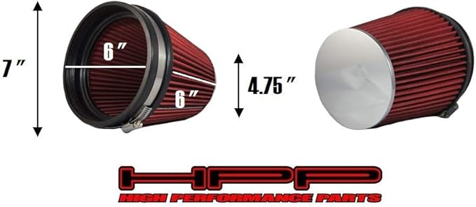 Truck Cold Air Intake Red 6" / 152 mm Inlet Reusable Quality Universal Clamp On Cone Replacement Dry Short Air Filter