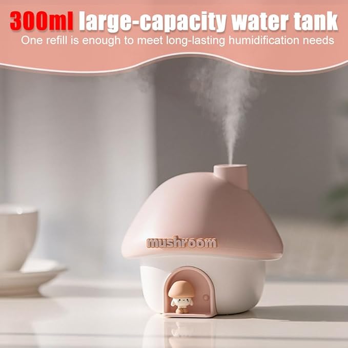 Cute Mushroom House Humidifier, Quiet Air Humidifier Rechargeable Aroma Diffuser Humidifiers with Night Light for Home Bedroom Office Car
