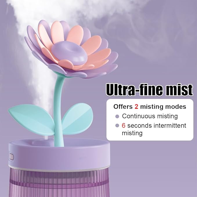 DONGKER Mini Humidifier,260ml 2 Mist Modes Cute Flower Desktop Humidifiers with Colorful Lights for Bedroom Home Office Indoor Car Travel
