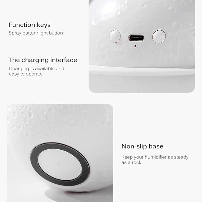 Moon Lamp Humidifier, 2 in 1 Moon Night Light & Humidifiers with USB Recharge, 3 Colors 3D LED Moon Light with Stand, Aromatherapy Diffuser for Kids Friend Lover Birthday Gift Bedroom Home Decor 200ml