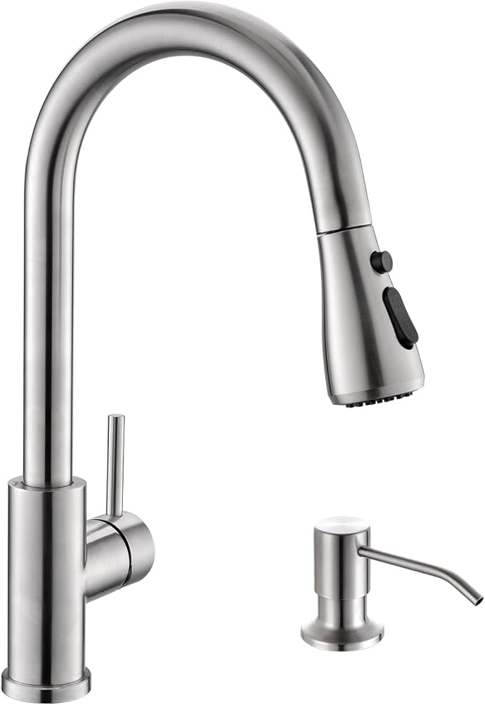 Kicimpro Kitchen Sink Faucet with Soap Dispenser, 3 Modes Kitchen Faucet with Pull Down Sprayer and Soap Dispenser, 304 Stainless Brushed Nickel Single Handle Kitchen Bar Faucets with Water Lines