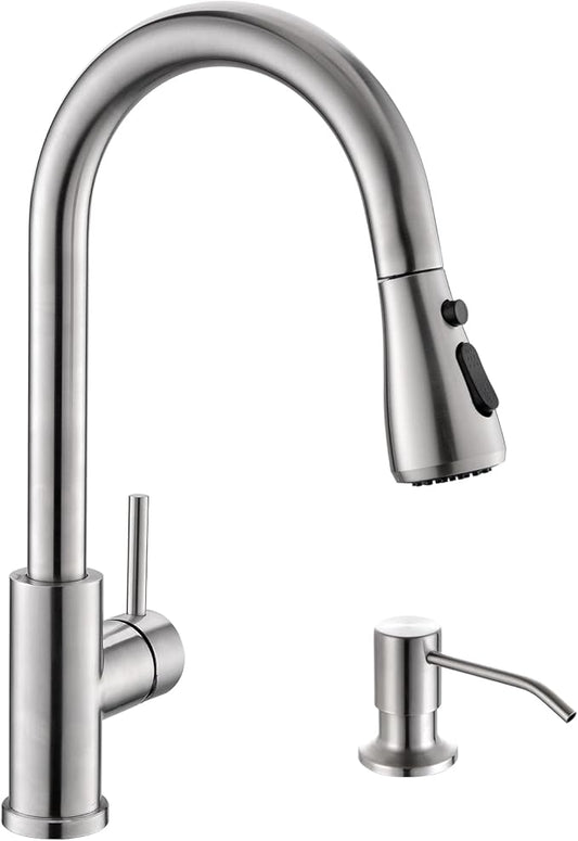 Kicimpro Kitchen Sink Faucet with Soap Dispenser, 3 Modes Kitchen Faucet with Pull Down Sprayer and Soap Dispenser, 304 Stainless Brushed Nickel Single Handle Kitchen Bar Faucets with Water Lines