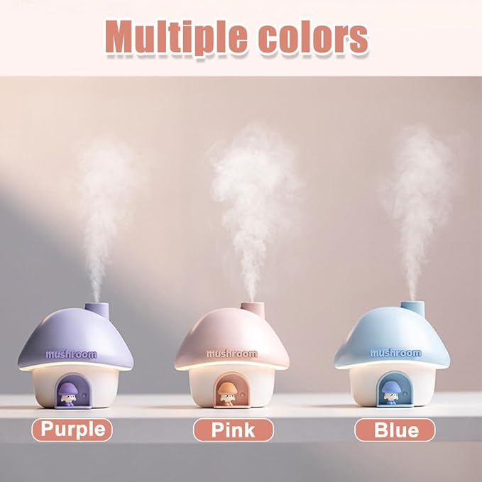 Cute Mushroom House Humidifier, Quiet Air Humidifier Rechargeable Aroma Diffuser Humidifiers with Night Light for Home Bedroom Office Car