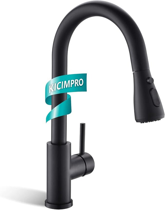 Kicimpro Matte Black Kitchen Faucet with Pull Down Sprayer, 304 Stainless Steel, 23-Inch Extended Hose Design, Three Water Functional Ways, Easy Installation