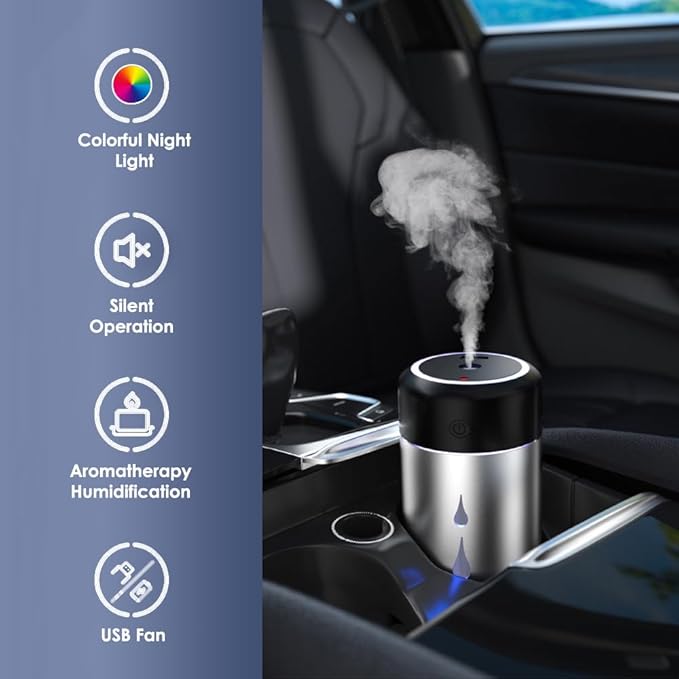 Desk Cool Mist Humidifiers, Portable Car Humidifier Diffuser with Star Night Light, Mini Humidifier Essential Oil for Car Office Desktop Bedroom (Silver)