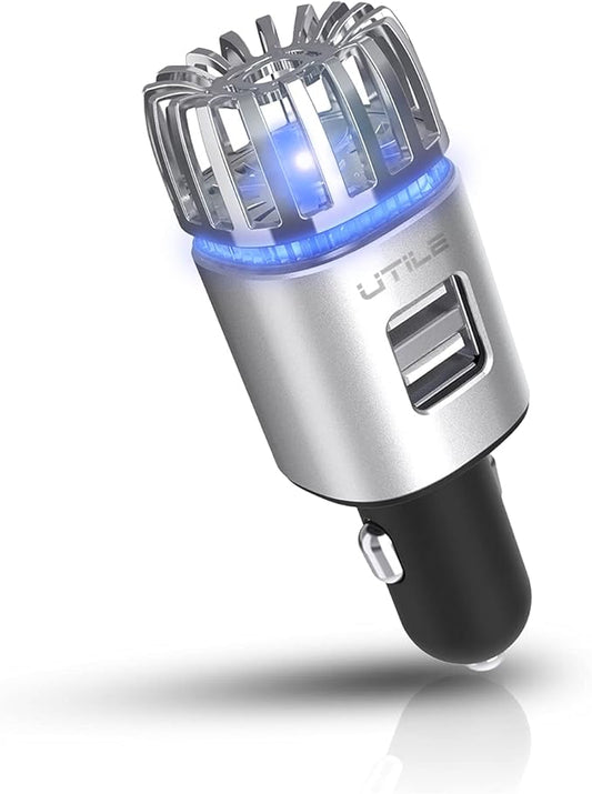 UTILE Car Ionizer Purifier with Dual USB Charger – Ionic Air Freshener for Odor Removal | 2.1A/0.8W USB Charging for Phone, Tablet and Other Devices (Silver, Pack of 1)