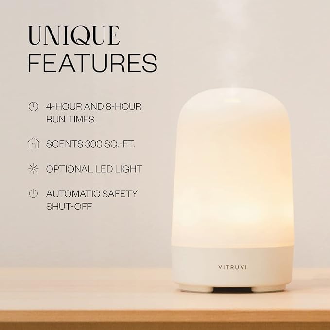 Vitruvi Glow Ultrasonic Essential Oil Diffuser | Aromatherapy Diffuser for Home, Kids Room, Room Decor (100 ml) White