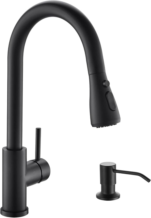 Kicimpro Black Kitchen Sink Faucet with Soap Dispenser, 3 Modes Black Kitchen Faucet with Pull Down Sprayer and Soap Dispenser, 304 Stainless Matte Single Handle Kitchen Faucets with Water Lines