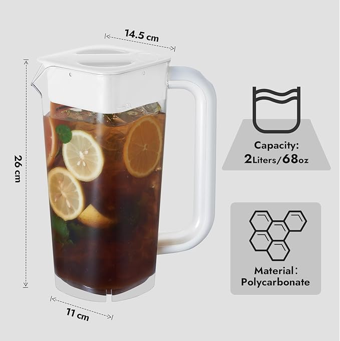 CURTA 2 Pack Plastic Pitcher with Lid, 2L Heavy-Duty Shatterproof Pitchers Clear Water Pitcher with Handle for Lemonade, Coffee,Iced Tea, Milk, Juice, Beverages
