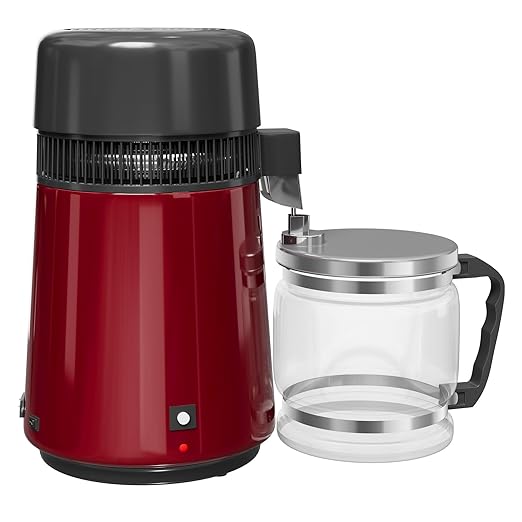 GarveeHome Water Distillers for Home Countertop, 1Gal/4L Stainless Steel Distilled Water Machine with Glass Container, 750W Desktop Drinking Purifier Filter Distilling Kit, Red