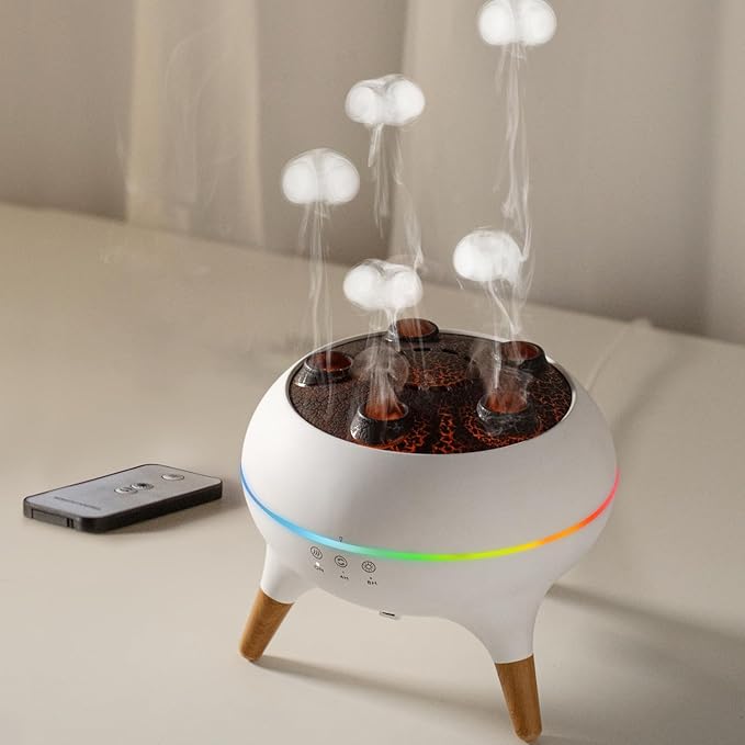 Jellyfish Diffuser 250ML, Volcano Diffuser Aroma Diffusers Air Humidifiers 7Color LED, 5 Rings Dynamic Sound Pickup Ultrasonic Aromatherapy Fragrant for Bedroom Office (White)
