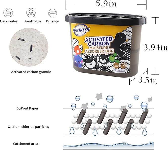NATRUTH 500mL Moisture Absorber boxes, Closet Dehumidifier, Eradicate Odor,Dehumidifiers and Air Freshener for Closet,Shoes Box, Bathrooms, Kitchen & Study, Boats,RVs (Activated Charcoal, 9 packs)