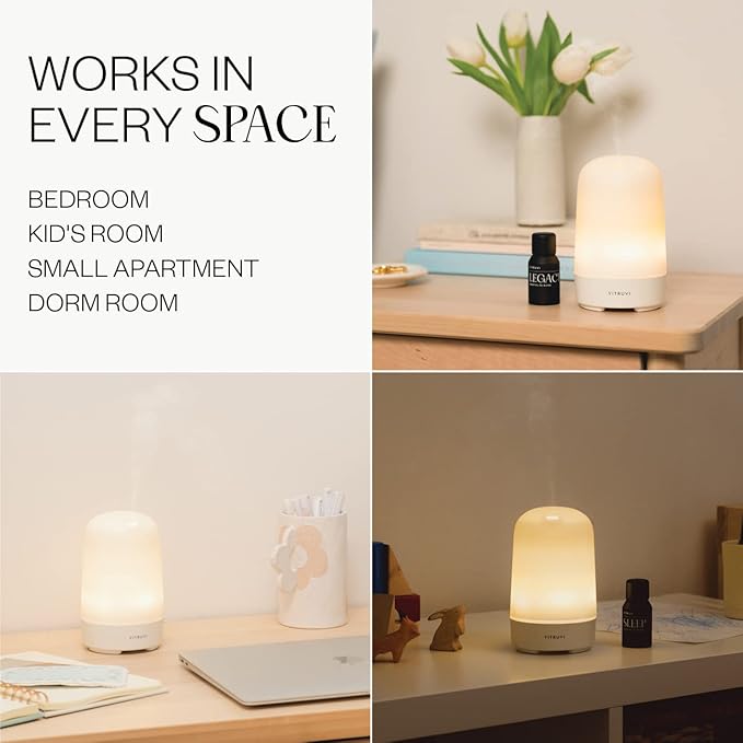 Vitruvi Glow Ultrasonic Essential Oil Diffuser | Aromatherapy Diffuser for Home, Kids Room, Room Decor (100 ml) White