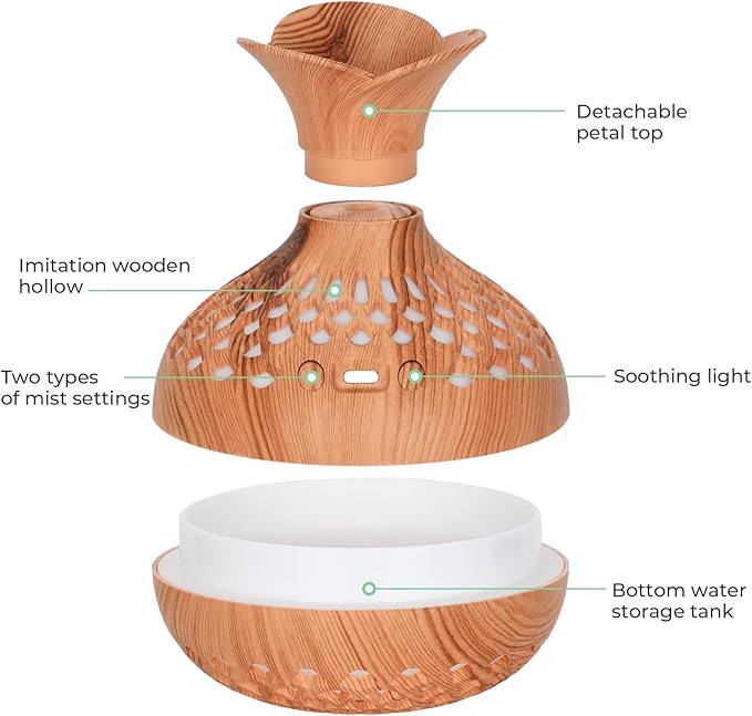 Portable Mini Humidifier, 300ml Small Humidifiers Wooden Vase Flower Aroma Diffuser, Quiet Cool Mist Humidification for Baby Bedroom Travel Office, USB Powered, Colorful Light, Lightwood