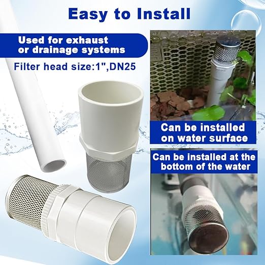 1" Stainless Steel Filter Cover Connected to 1 inch/DN25 PVC Water Pipe, Suction Strainers Used to Remove Debris and Reduce Solid Entry