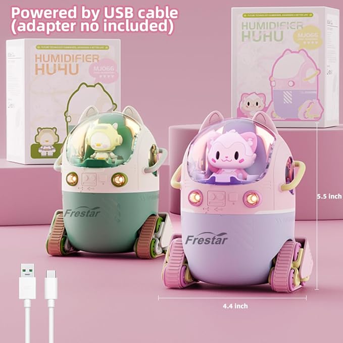 Mini USB Humidifier 220ml with LED Night Light, Small Cute Humidifier Bulit in Adorable Doll for Kids, Plant, Bedroom, Office, Desk, Babies Room, No Battery(Pink-Huhu)