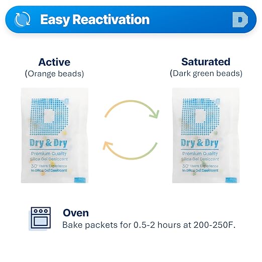 Dry & Dry 5 Gram [120 Packets] Premium Pure & Safe Orange Indicating Silica Gel Packets Desiccant Dehumidifiers - Food Safe Silica Packets Silica Gel Moisture Absorbers