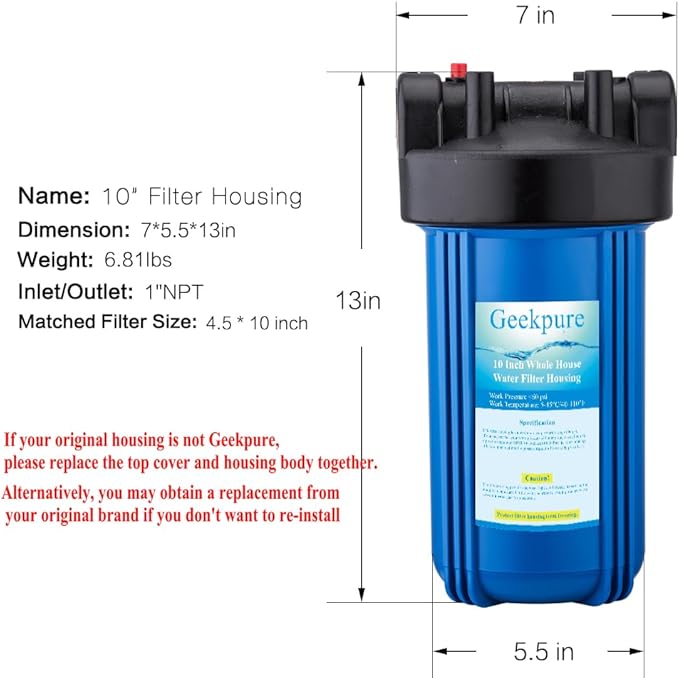 Geekpure 10-Inch Whole House Water Filter Housing 4.5"x10"1-Inch Outlet/Inlet with Wrench and Bracket-Blue Color (2)