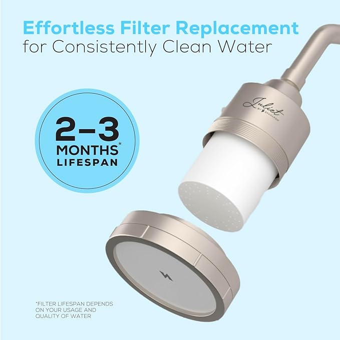 THE JULIET FILTERED SHOWER HEAD - Luxury High Pressure Shower Head with Filters - Removes Impurities for Healthier Hair and Skin - Reduces Hair Breakage, Skin Dryness & Irritation (Brushed Nickel)
