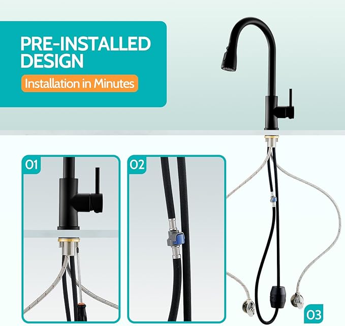 Kicimpro Matte Black Kitchen Faucet with Pull Down Sprayer, 304 Stainless Steel, 23-Inch Extended Hose Design, Three Water Functional Ways, Easy Installation
