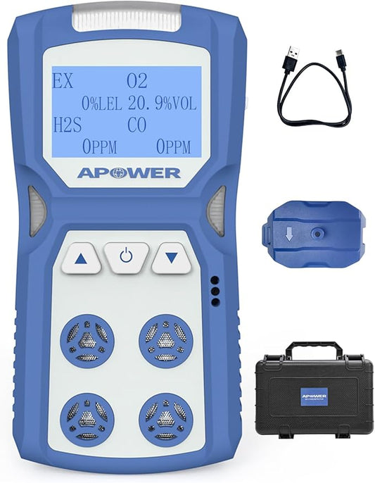 Gas Detector, 4 Gas Monitor for H2S, CO, LEL and O2, Portable Multi Gas Leak Detector with Vibration, Visual and Audible Alarms, 14h Long Battery Life, Natural Propane Sniffer Home Room Travel