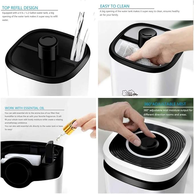Cool Mist Humidifiers - Essential Oil Top Fill Humidifier Cool Ultrasonic Humidifier Quiet Air Diffuser for Large Room & Easy to Clean with Filter & Oil Diffuser Plant Bedroom Humidifier