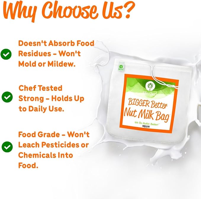 Ellie's Best Pro Quality Nut Milk Bag - Big 12"X12" Commercial Grade - Reusable Almond Milk Bag & All Purpose Strainer – Fine Mesh Nylon Cheesecloth & Cold Brew Coffee Filter - Free Recipes & Videos