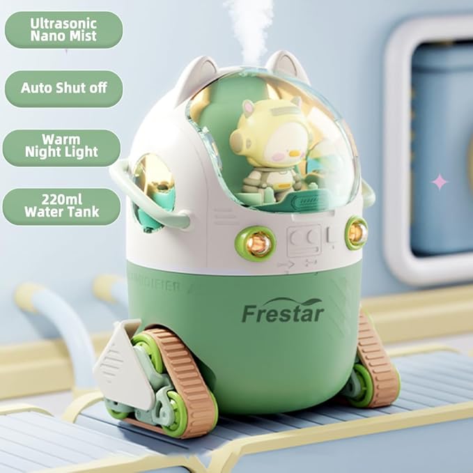 Mini USB Humidifier 220ml with LED Night Light, Small Cute Humidifier Bulit in Adorable Doll for Kids, Plant, Bedroom, Office, Desk, Babies Room, No Battery(Green-Huhu)