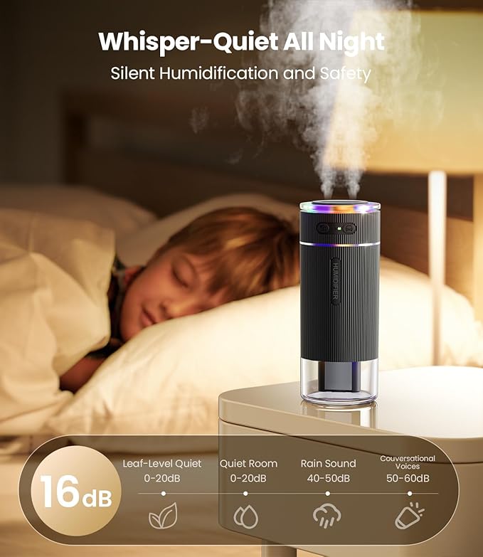 WSKEN Portable Small Humidifier for Bedroom - [Dual Nozzle Large Cool Mist] [Ambiance Lighting] [Car Smart On/Off] Ultrasonic Mini Personal Desk Air Humidifiers for Travel Office Baby Room,Black