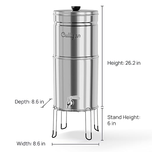 Culligan with MaxClear Technology 2.25 Gallon Gravity Water Filter System, Polished Countertop Ceramic Water Filter NSF/ANSI Certified to Reduce Lead, Microplastics & Total PFAS, with 4 Filters