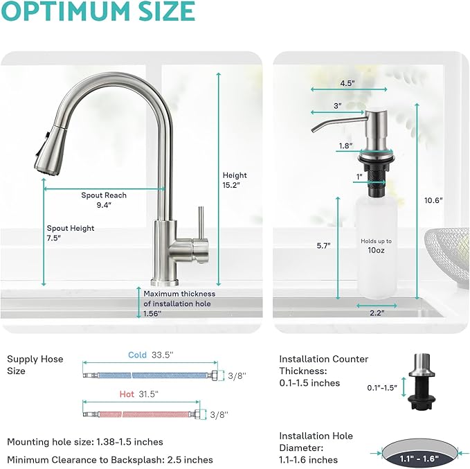 Kicimpro Kitchen Sink Faucet with Soap Dispenser, 3 Modes Kitchen Faucet with Pull Down Sprayer and Soap Dispenser, 304 Stainless Brushed Nickel Single Handle Kitchen Bar Faucets with Water Lines