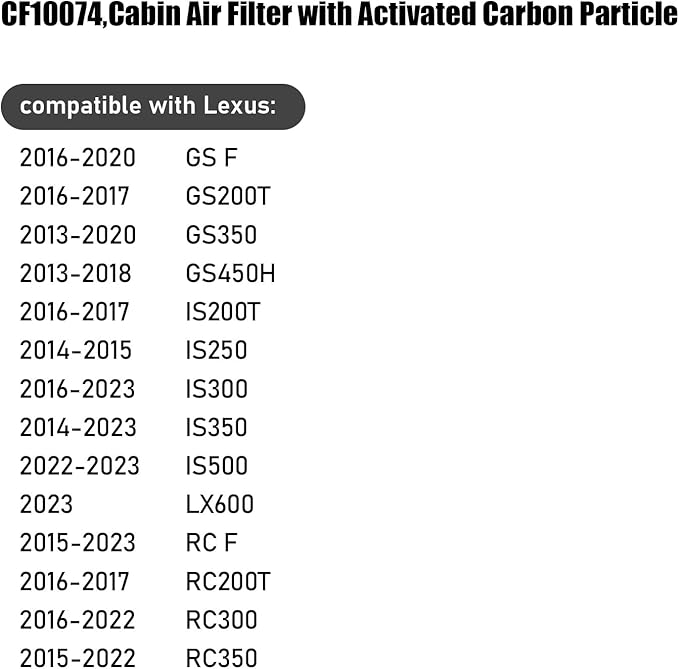 CF10074,Cabin Air Filter with activated carbon particle for Lexus,2016-2020 GS F,2016-2017 GS200T,2013-2020 GS350,2013-2018 GS450H,IS200T,IS250,IS300,IS350,IS500,LX600,RC F,RC200T,RC300,RC350.