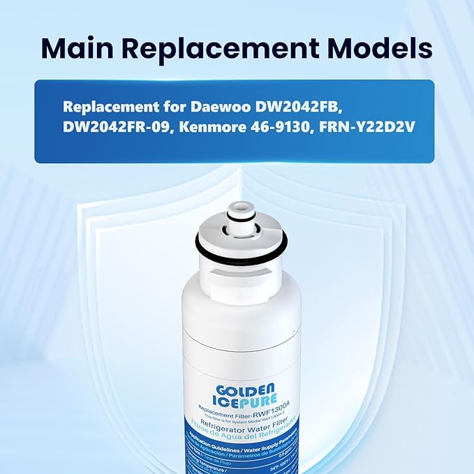GOLDEN ICEPURE RWF1300A Water Filter Replacement for Daewoo DW2042FR-09, DW2042FB, Kenmore 469130, Aqua Crystal DW2042F-09, FRN-Y22D2V, FRN-Y22D2W,1PACK