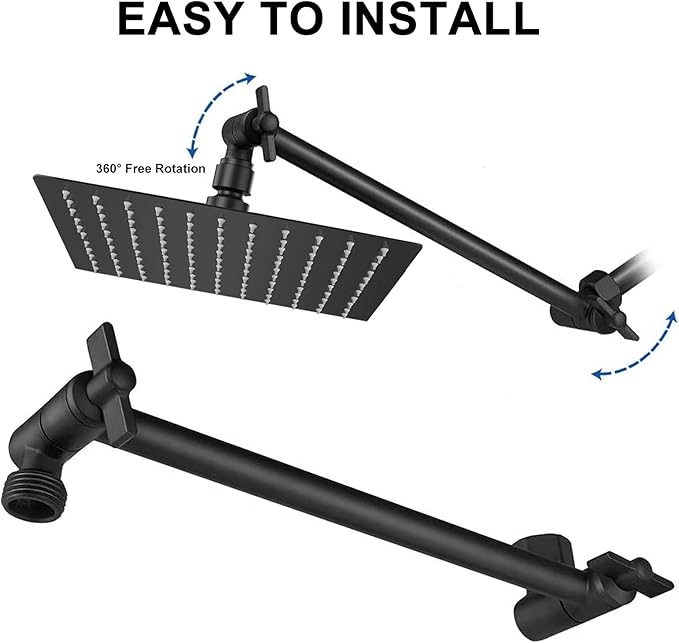 HarJue High Pressure Large Stainless Steel Square Rain ShowerHead With Shower Arm Waterfall Full Body Coverage Easy to Clean and Install (12 Inch With Arm, Matte Black)