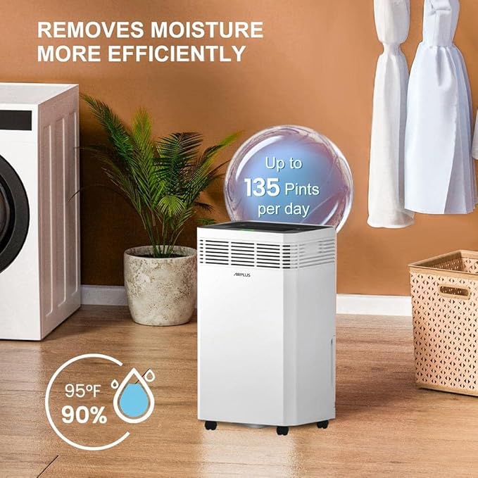 AIRPLUS 6000 Sq. Ft Dehumidifiers for Home, 135 Pints Dehumidifier for Basement with Drain Hose, Continuous Drainage, Intelligent Humidistat, Dehumidifier for bathroom, bedroom, Large Room