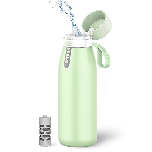 PHILIPS Water Bottle with Filter, Filter Water Bottle Stainless Steel with GoZero Everyday BPA-Free Tap Water Filter, Water Filter Bottle Keep Drink Cold 24 Hours, 1 Filter for 40 gal / 2 Months