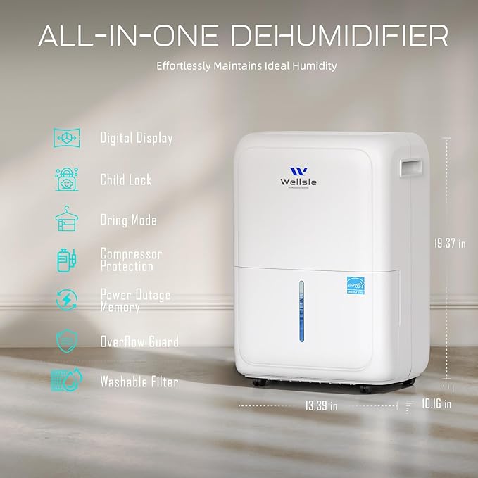 Most Efficient Energy Star Dehumidifier with 1.59 Gallon Water Tank, 52 Pint Dehumidifiers for Basement and Home with Drain Hose, Smart Humidity Control for Bedroom with 24HR Timer