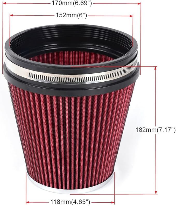 6" Inlet Cold Air Intake Filter Cone Replacement Performance Washable Clamp-On Dry Air Filters Red (6" Tall)