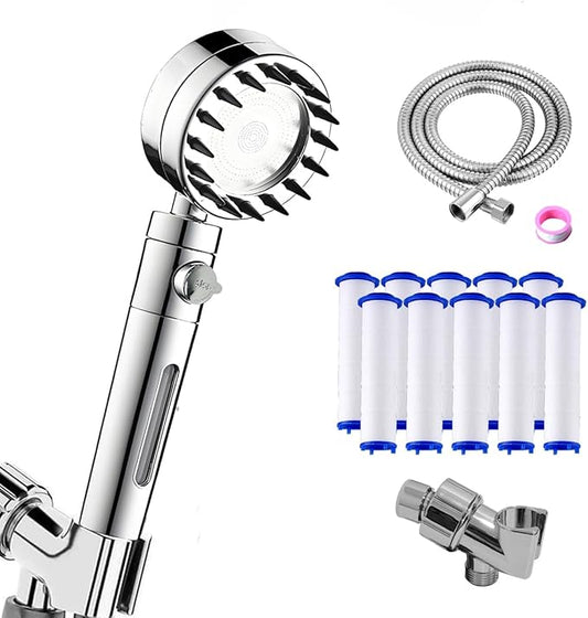 Filtered Handheld Shower Head High Pressure with 4 Spray Mode, Chlorine Removal for Sensitive Skin & Hard Water, Pets Bath, RV/Gym Use, pressure adjustment ON/OFF Switch. (Silvery)