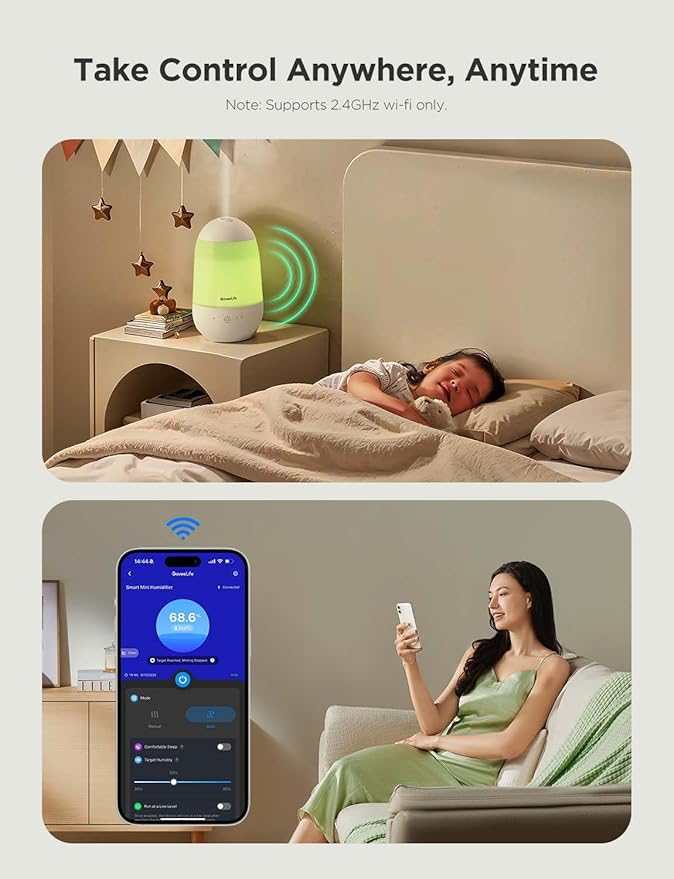 GoveeLife Humidifiers for Bedroom, Smart Cool Mist Air Humidifier for Baby, Nursery, Plants, Easy to Clean & Top Fill Ultrasonic Humidifier with APP & Voice Control, Essential Oil Diffuser, Nightlight
