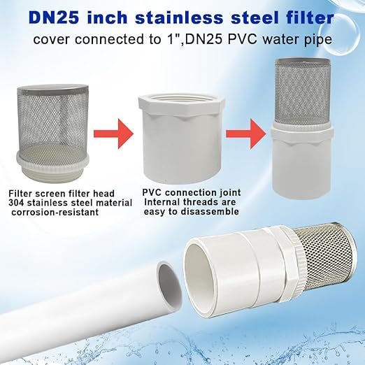 1" Stainless Steel Filter Cover Connected to 1 inch/DN25 PVC Water Pipe, Suction Strainers Used to Remove Debris and Reduce Solid Entry
