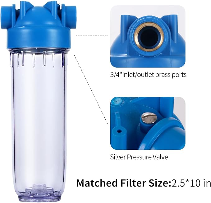 Geekpure 10-Inch Whole House Clear Filter Housing - 3/4" NPT Brass Port-Fit for 2.5" x 10" Filters (3)
