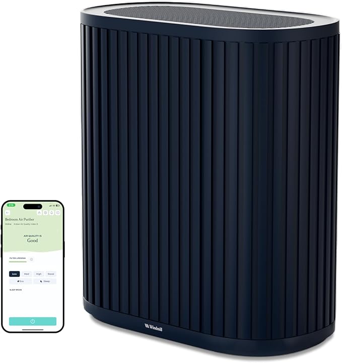 Windmill Air Purifier for Home - 3-In-1 Filtration for Smoke & More - True HEPA Filter, Activated Carbon, & Pre-Filter - Covers Up To 1950 sq ft - Ultra-Quiet - App Compatible - Navy
