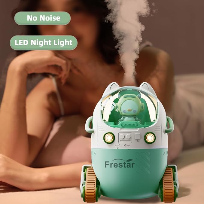 Mini USB Humidifier 220ml with LED Night Light, Small Cute Humidifier Bulit in Adorable Doll for Kids, Plant, Bedroom, Office, Desk, Babies Room, No Battery(Green-Huhu)