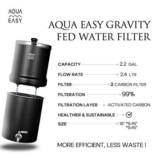 AquaEasy NSF/ANSI 372 Certified Stainless Steel Gravity Water Filter System (2.25 Gallon) 2X Activated Carbon Filter, Stainless Steel Tap and Wooden Stand | Countertop Water Filtration System (Matte)