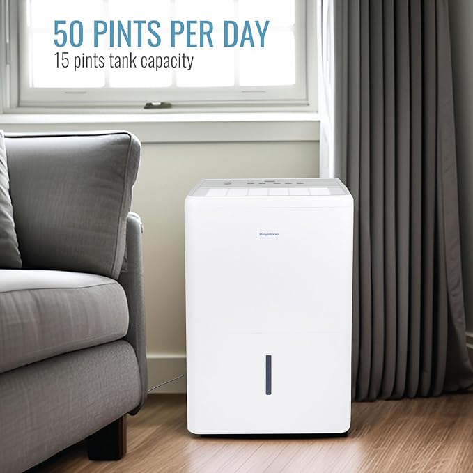 Keystone 50-Pint Portable Dehumidifier, 115V, Dehumidifier for Rooms up to 4500 Sq.Ft, Moisture Absorber For Basement, Garage, Living Room with Pump, White