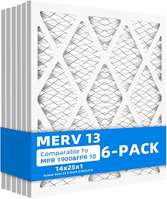 (6 Pack) 14x25x1 Air Filters, MPR 1900 & FPR 10, MERV 13 Pleated Air Filter (Actual Size: 13.75" x 24.75" x 0.75")