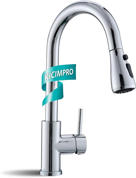 Kicimpro Chrome Kitchen Faucet, Kitchen Faucets for Sink 3 Hole High Arc Single Handle Stainless Steel Commercial RV Camper Kitchen Faucet with Pull Down Sprayer llaves para fregaderos de cocina